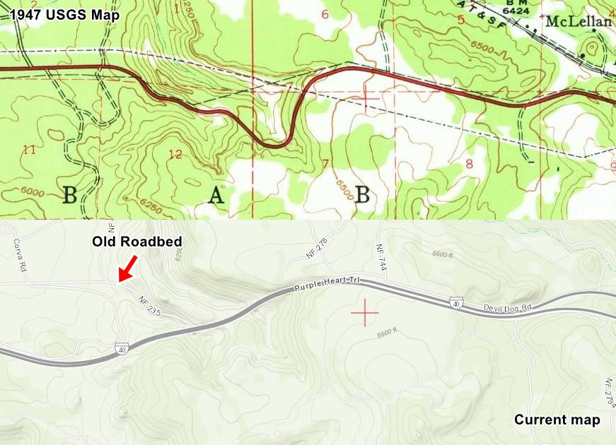 Route 66 map at McLellan in 1947 and now composite map with 1947 USGS map and current map of same area showing the course of US66