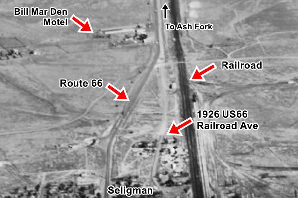 black and white aerial photo of Route 66 and some buildings with arrows and comments