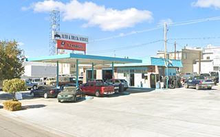 old Texaco gas station flat canopy, 2 service bay, mansard roof U-Haul