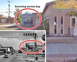 remains of the service bay of a Shell station and a black and white photograph of it in the 1960s. Thumbnail image