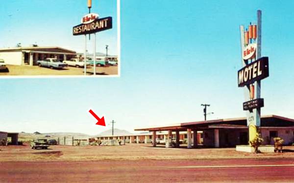 color postcard, gable roof, single floor building, motel office, car, neon sign and detail of the restaurant
