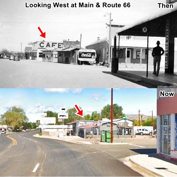 Main and Route 66 Then and Now looking West, Seligman AZ