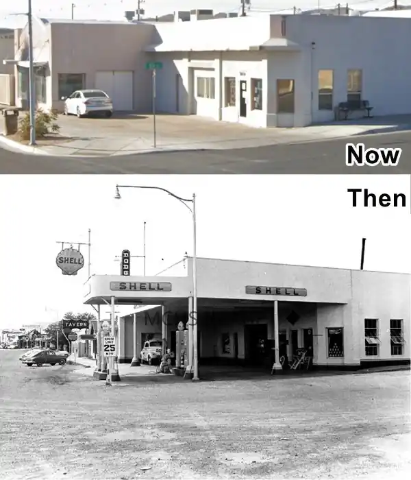 Bobs Shell, Kingman then and now top: building on corner, bottom:1950s view same spot, a Shell station