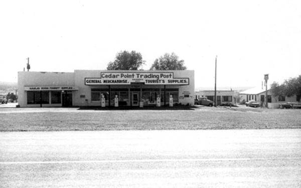 black and white postcard, trading post, gas station,seen from Route 66