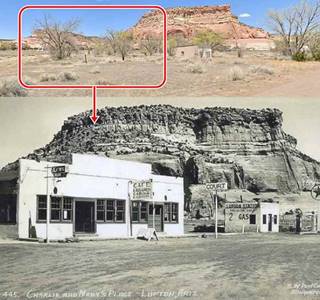 black and white image (bottom) of a trading post and Texaco, cliffs behind, and (top) color view of same spot now, building gone