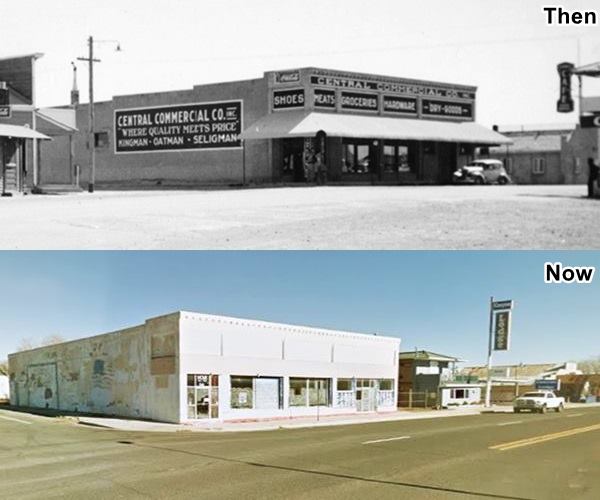 composite image with 1930s top in black and white and 2018 bottom, in color, views of same spot on Main and Chino Ave in Seligman: Commercial Building