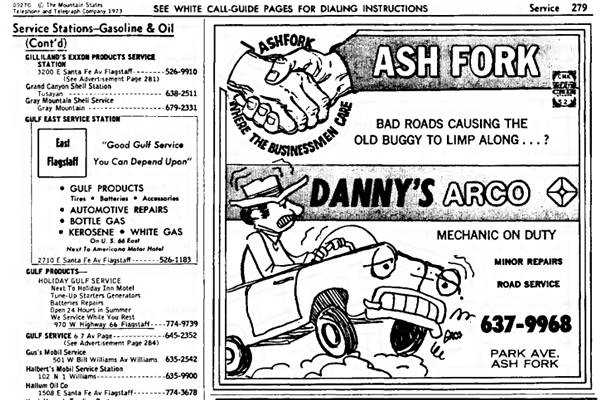 advertisement from the 1973 phone directory of Danny’ Arco, with text and image of man driving a car in need of repair