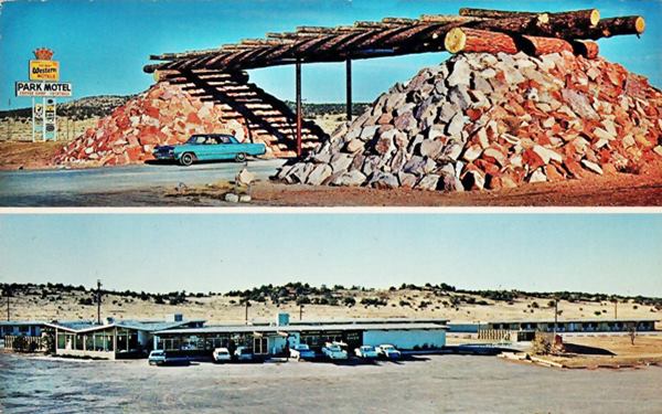 Dino City postcard 1962 Route 66 Arizona 1962 color postcard upper part entrance portico with rock pyramids on each side and hotel sign beyond. Bottom: view of motel and restaurant