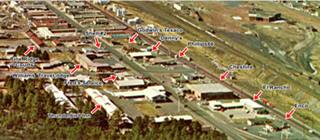 panoramic color photo late 1950s of eastern Williams: streets, buildings, cars, some identified by name