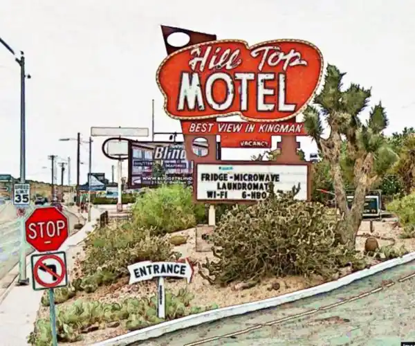 Hill Top Motel neon sign Hill Top motel neon: red, white letters, circular shapes