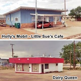 two images: top a blue building former gas station and bottom a red topped former Dairy Queen