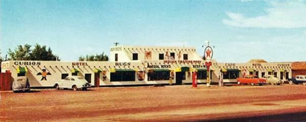 color 1950svintage Postcard view of Hopi House Trading post, cars, Texaco sign and pumps