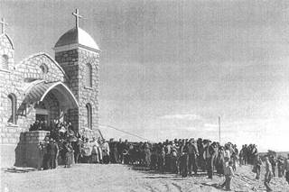 Vintage photo Houck St. John church black and white photo, stone church, two steeples, people. 1940s