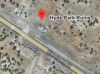 Hyde Park ruins satellite view near Seligman AZ satellite view of foundations and rubble top of image, Route 66 runs across the bottom