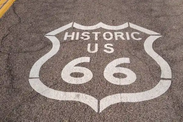 Kingman Route 66 shield shield on roadway in Kingman