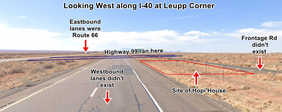 site of Leupp corner AZ with markings showing spot of original Route66, and trading post
