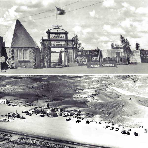 two black and white views of a tourist attraction, top buildings and signs, bottom seen from the air with Route 66 running by it along the bottom of the photograph