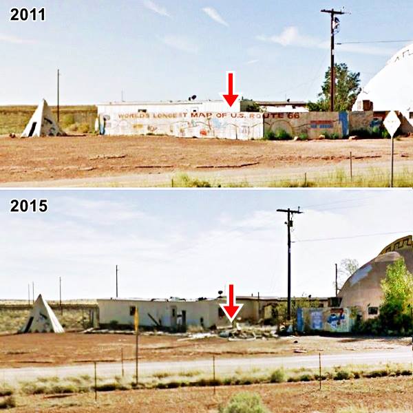Meteor City then and now view of the dome and the wall with a mural as it deteriorates, top view in 2011, bottom in 2015, wall collapsed