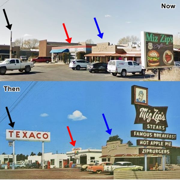 1950 postcard and current view of restaurant and Texaco station