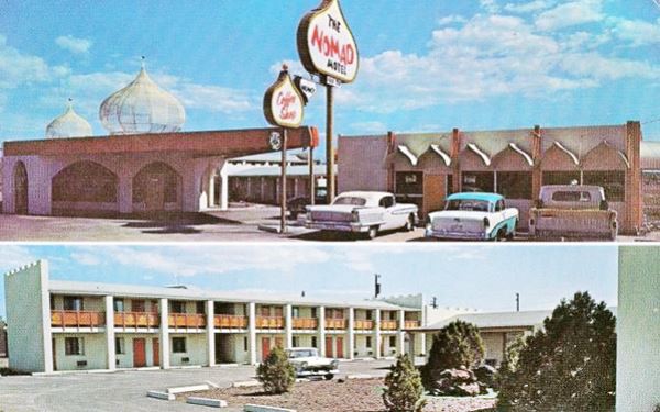 1960s postcard, cars by a motel with an Arabic look, domes and arched windows, neon sign all themed with an Arabian style