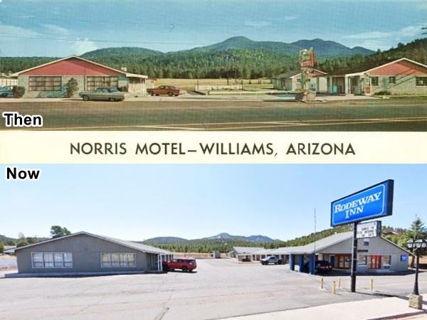 composite of a color vintage 1960s postcard showing gable roofed cabins, cars, neon sign by Route 66, mountains and forests beyond, and the same view nowadays