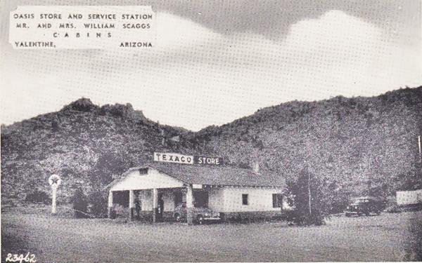 vintage 1930s picture of the Oasis store, gas station and garage in Valentine AZ
