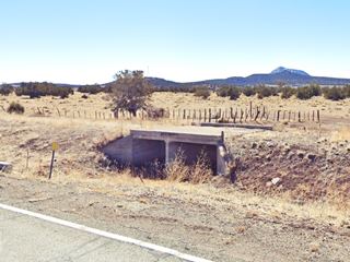 Old Route 66 bridge east of Seligman AZ an old concrete bridge next to current US66, desert and stunted trees
