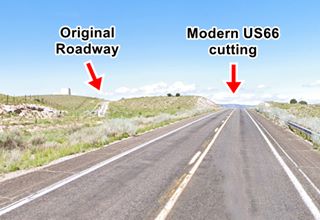 Route 66 old and new highways, Peach Springs AZ modern US66 and the old road hills and open countryside