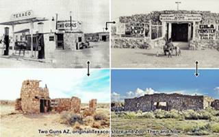 composite image with -clockwise- 1920s Texaco black and white, stone building housing zoo 1930s black and white picture, the zoo nowadays, abandoned; color image and the ruins of the old station nowadays