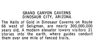 Grand Canyon Caverns postcard 1962 black and white text from the back of a postcard