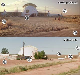 two domes compared, above Meteor Crater, below Meteor City numbers mark key parts of the site