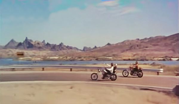 still of the movie Easy Rider, two bikers, The Needles and Colorado river