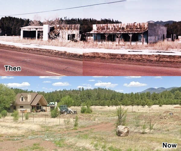Composite image, above ruins of garage and cafe in 1992, below same spot now, vacant. Forested hills behind