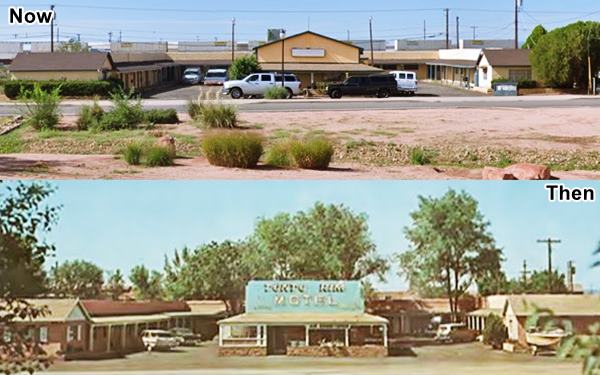 U-layout motel, with gable roof and central office, now (top) and 1950s (bottom)