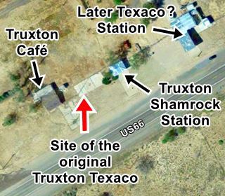 Satellite view of Truxton Cafe and service stations Satellite view of Truxton Café and old gas stations