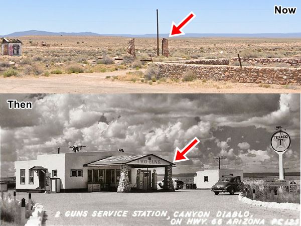 Two Guns Texaco, in a 1940s black and white postcard, car, sign, building, and now, razed only two stone columns stand