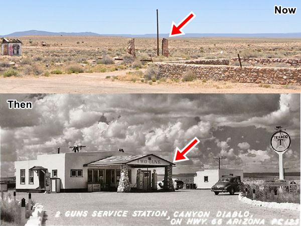 1940s Texaco at Two Guns then and now Route 66, Arizona Two Guns Texaco, in a 1940s black and white postcard, car, sign, building, and now, razed only two stone columns stand