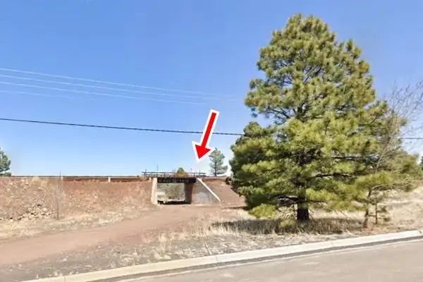 color, Underpass seen from modern Route 66, pine tree, railroad, embankment