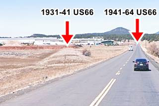 two alignments in Bellemont US Hwy 66 -right- and embankment of older alignment -left. Fields, some buildings and beyond: mountains with forests
