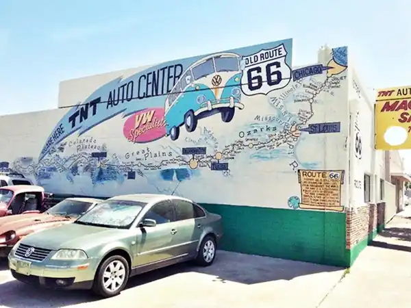 Bob Waldmire Route 66 map mural Kingman AZ mural with map and VW bus
