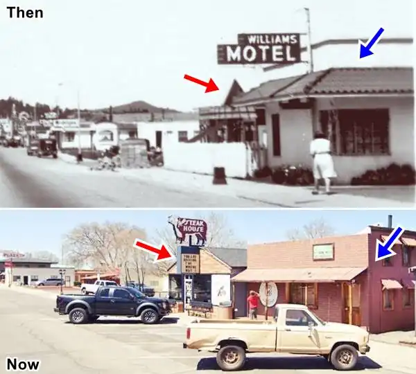 combined image: top 1930s black and white Motel and Rte 66, bottom: current view same spot
