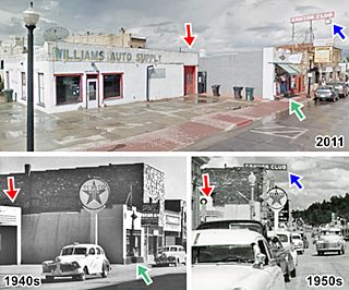 composite image with 1930s, 40s and 2011 view of same gas station