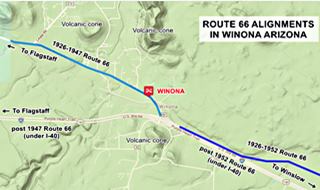 Map of US66 alignments in Winona - click to enlarge Map of US66 in Winona