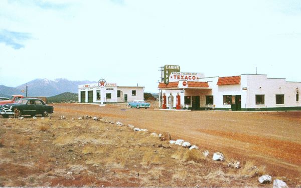 1956 photo of gas station and Winona Trading Post on Route 66, Arizona