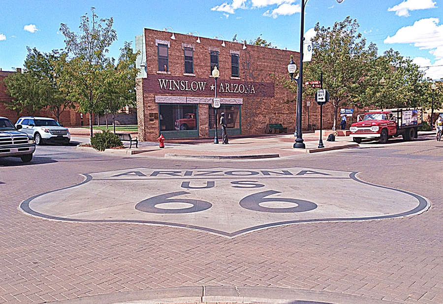 giant shield painted across the intersection of "Standin’ on a corner" in Winslow Arizona