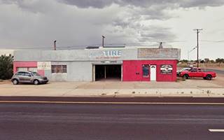 long low building, service bay, office block structure