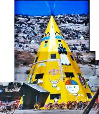 thumbnail of the Lupton Yellowhorse tepee 1970 yellow tepee with 4 stories, cliff with bushes behind. Made by combining images from a 1970 video