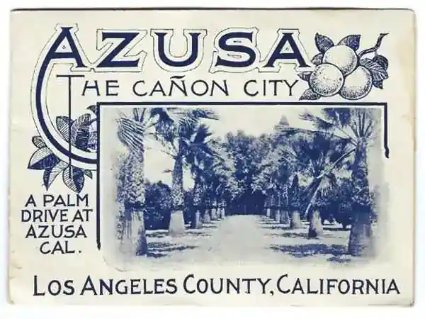 1920s Azusa Postcard 1920s postcard blue ink, image of short palm trees lining a street. Text: AZUSA THE CANYON CITY A PALM DRIVE AT AZUSA CAL. LOS ANGELES COUNTY, CALIFORNIA