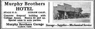 1923 Murphy Bros ad 1923 advertisement image of Murphy Bros. hotel and garage, cars parked and text