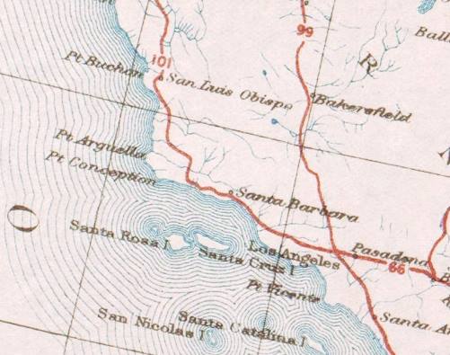 thumbnail of 1926 US highways near Los Angeles. Click to Enlarge color, detail of the 1926 map showing the newly designated U.S. Highways in the SW CA area